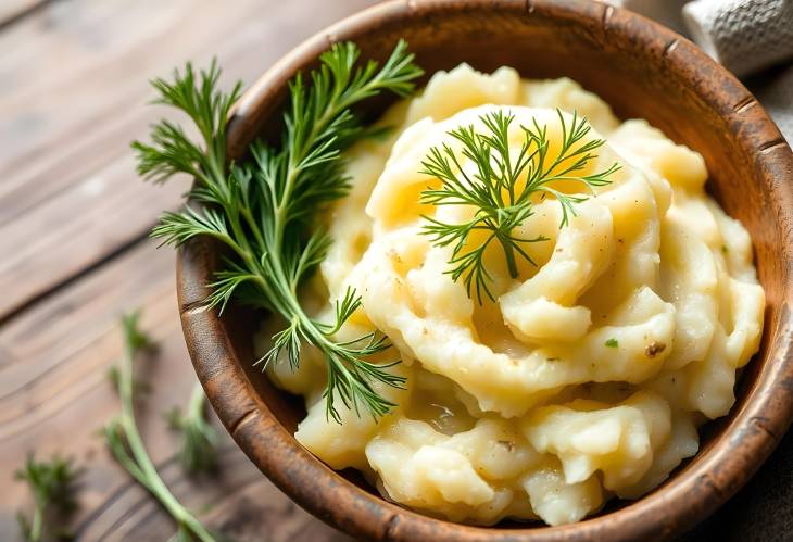 Savory Mashed Potatoes with Fresh Dill in a Handcrafted Clay Bowl